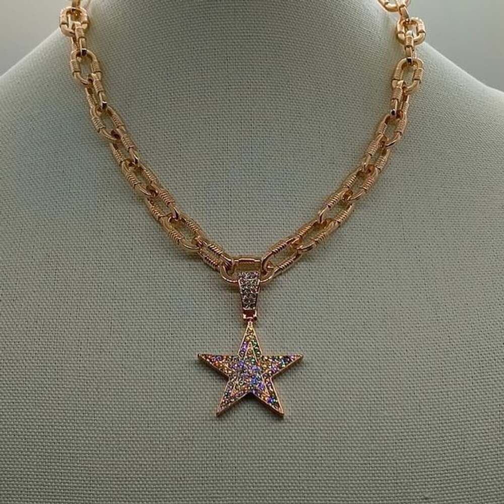 Rainbow Rhinestone Star Pendant Necklace · Rose Gold Tone Chunky Chain